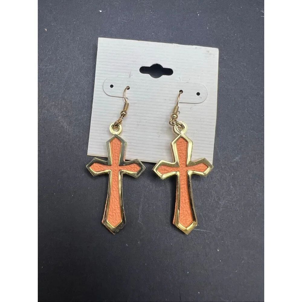 New Textured Orange Gold Tone Cross Dangle Drop Earrings
